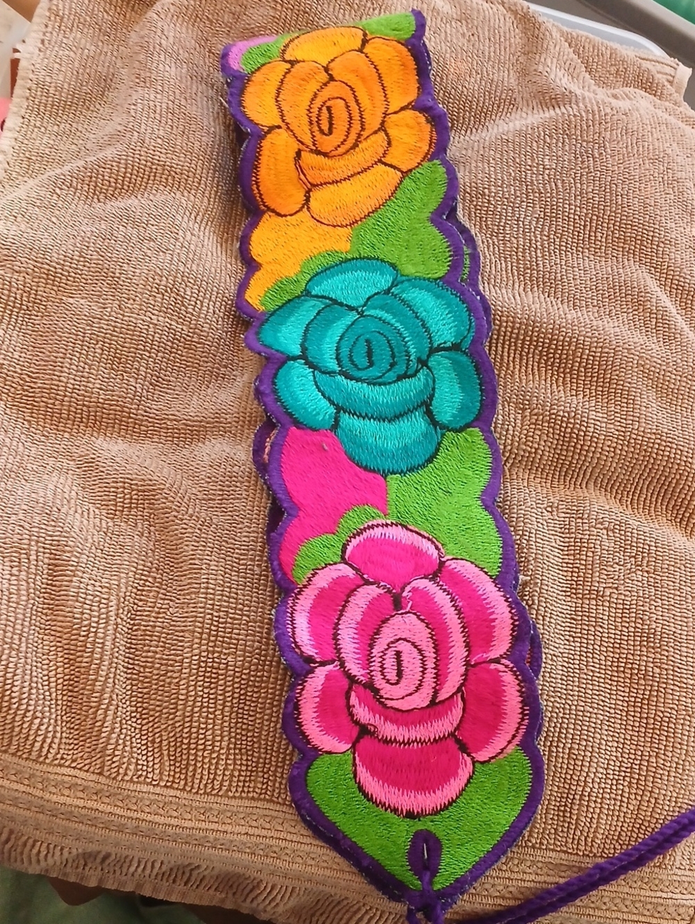 Handmade Embroidered Floral Strap — Pink, Teal, Orange